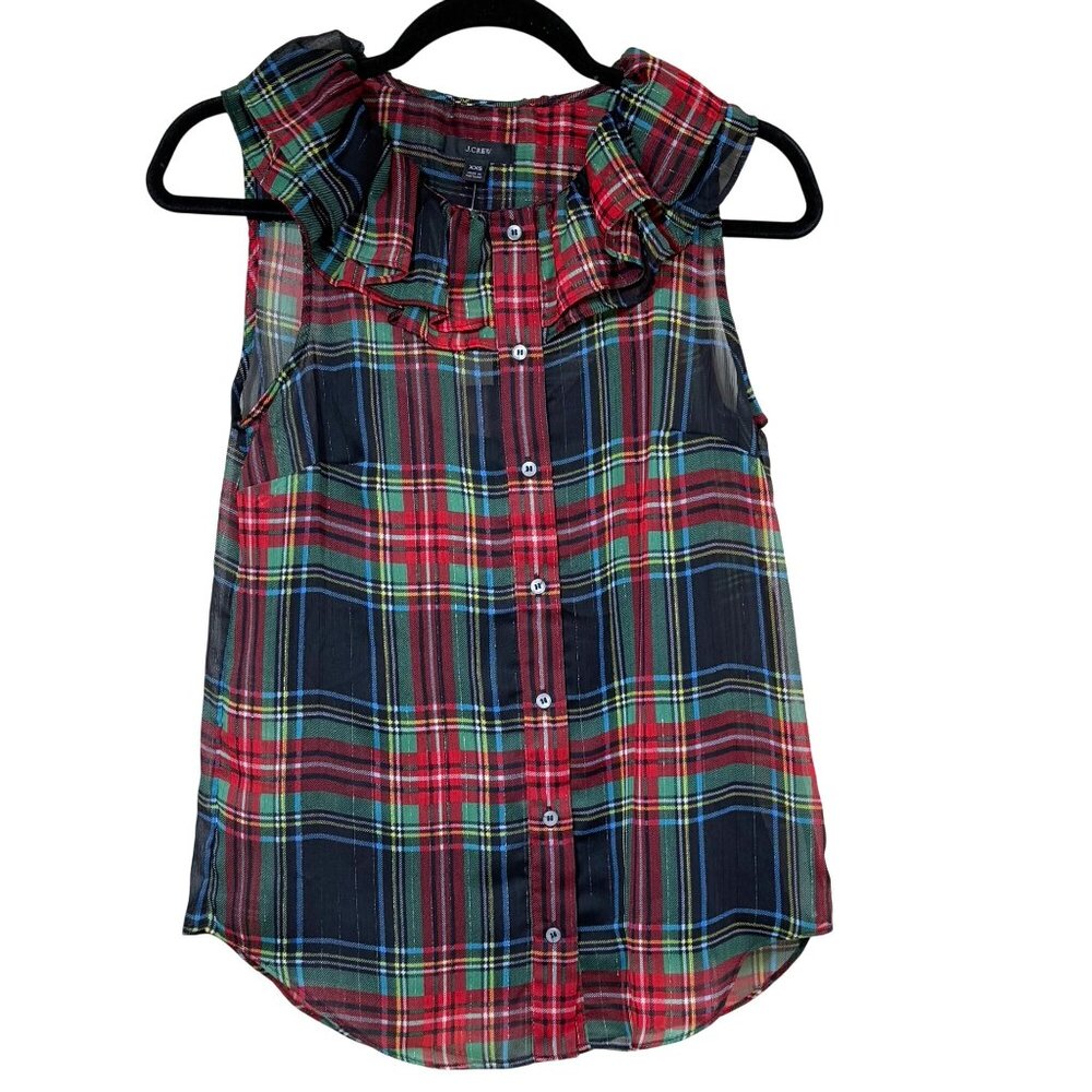 J Crew Stewart Tartan Plaid Top Ruffle‎ Collar Sleeveless Womens 00 - Picture 2 of 13